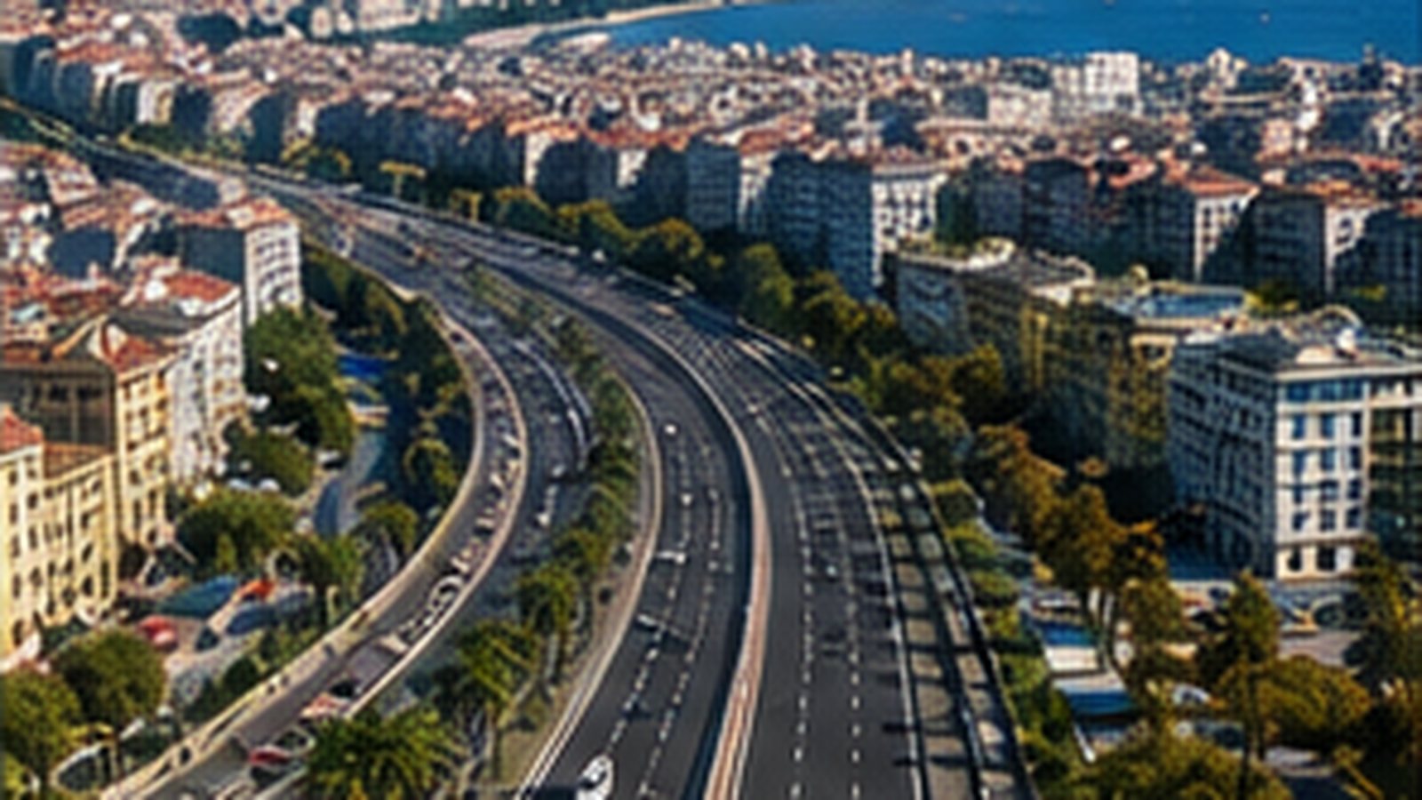 Strada urbana moderna illuminata dal sole estivo