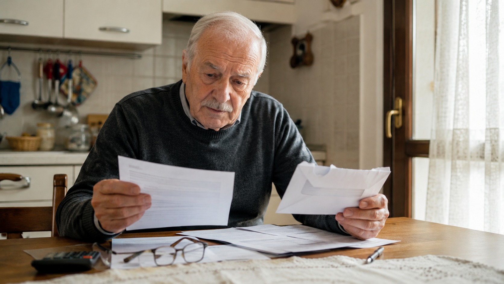 Pensionato che consulta documenti ricevuti a casa