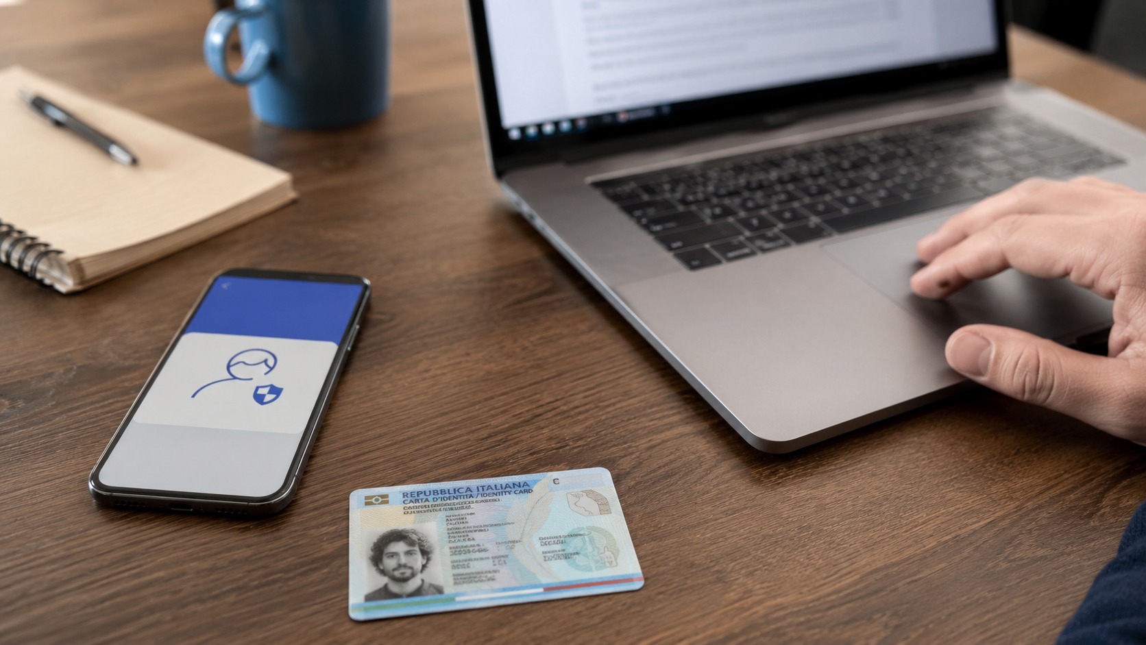 Postazione domestica con computer, smartphone e carta di identità elettronica
