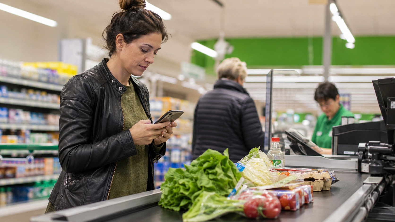 Cliente al supermercato che usa lo smartphone vicino alla cassa
