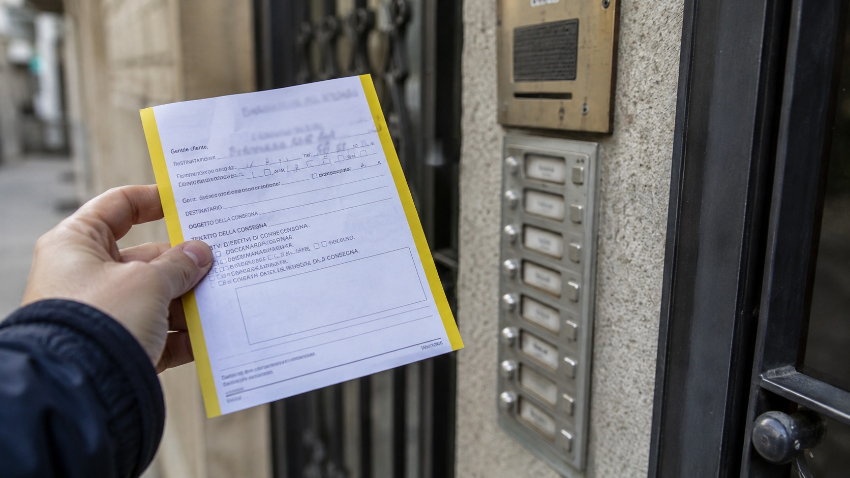 Avviso di mancata consegna tenuto davanti al citofono di un condominio