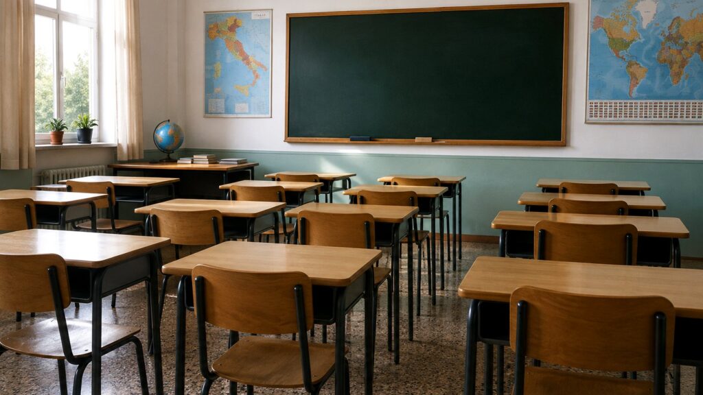 Aula universitaria vuota con banchi e lavagna