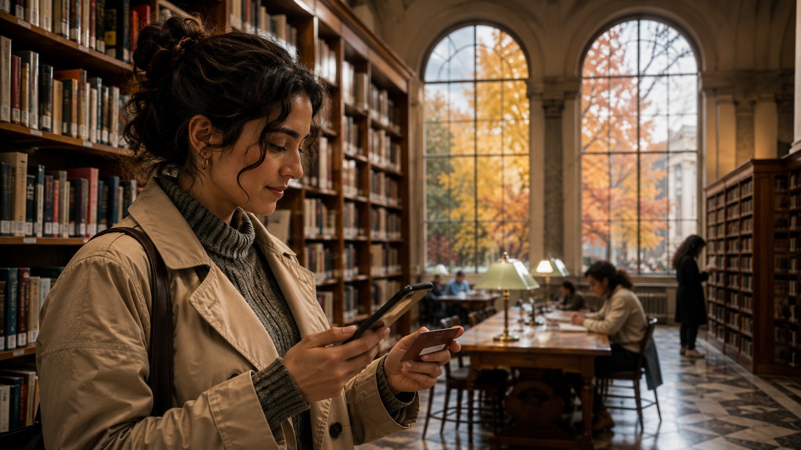 Immagine illustrativa di una persona in biblioteca che consulta smartphone e tessera