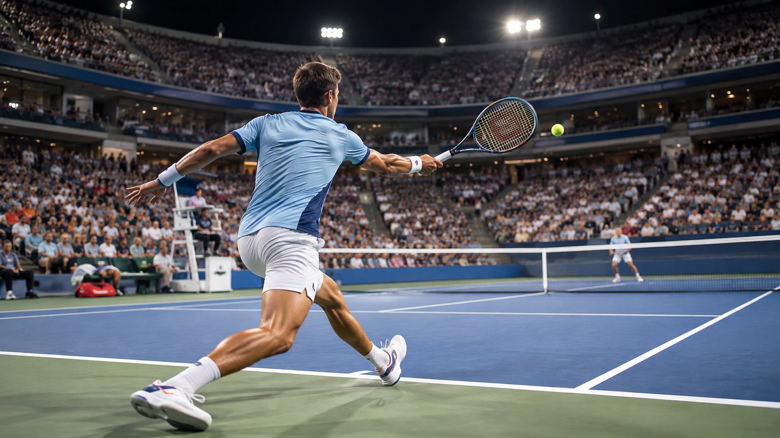 Immagine illustrativa di uno scambio di tennis in uno stadio pieno