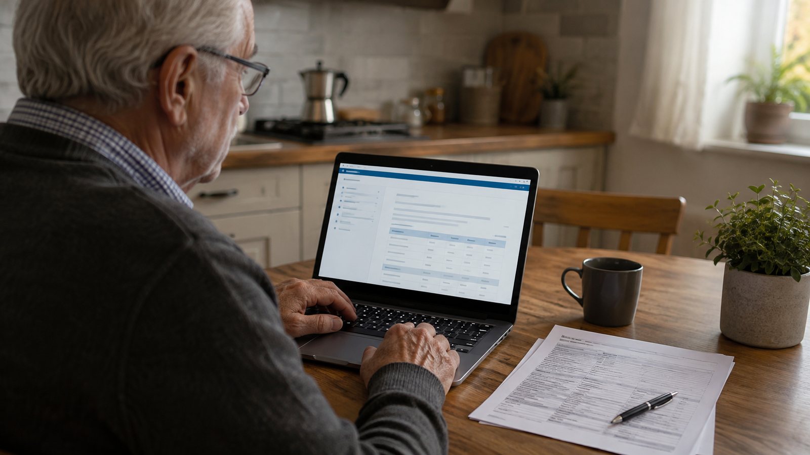 Immagine illustrativa di un pensionato che usa un laptop per consultare un portale online