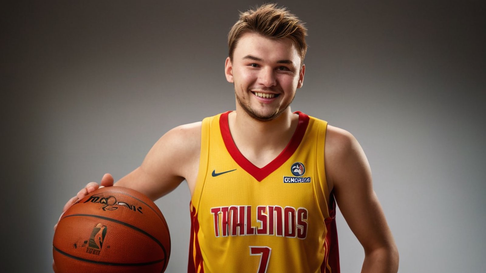 Luka Doncic indossa una maglia da basket giallorossa con il numero 7, sorride e tiene un pallone da basket in mano in uno studio televisivo.