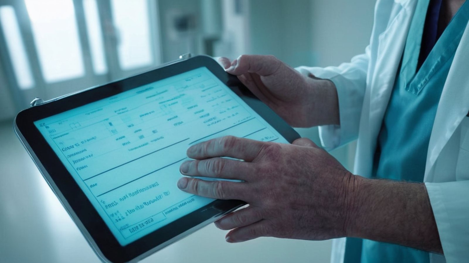 Un medico che esamina una cartella clinica digitale su un tablet, con un'interfaccia di intelligenza artificiale sullo sfondo.