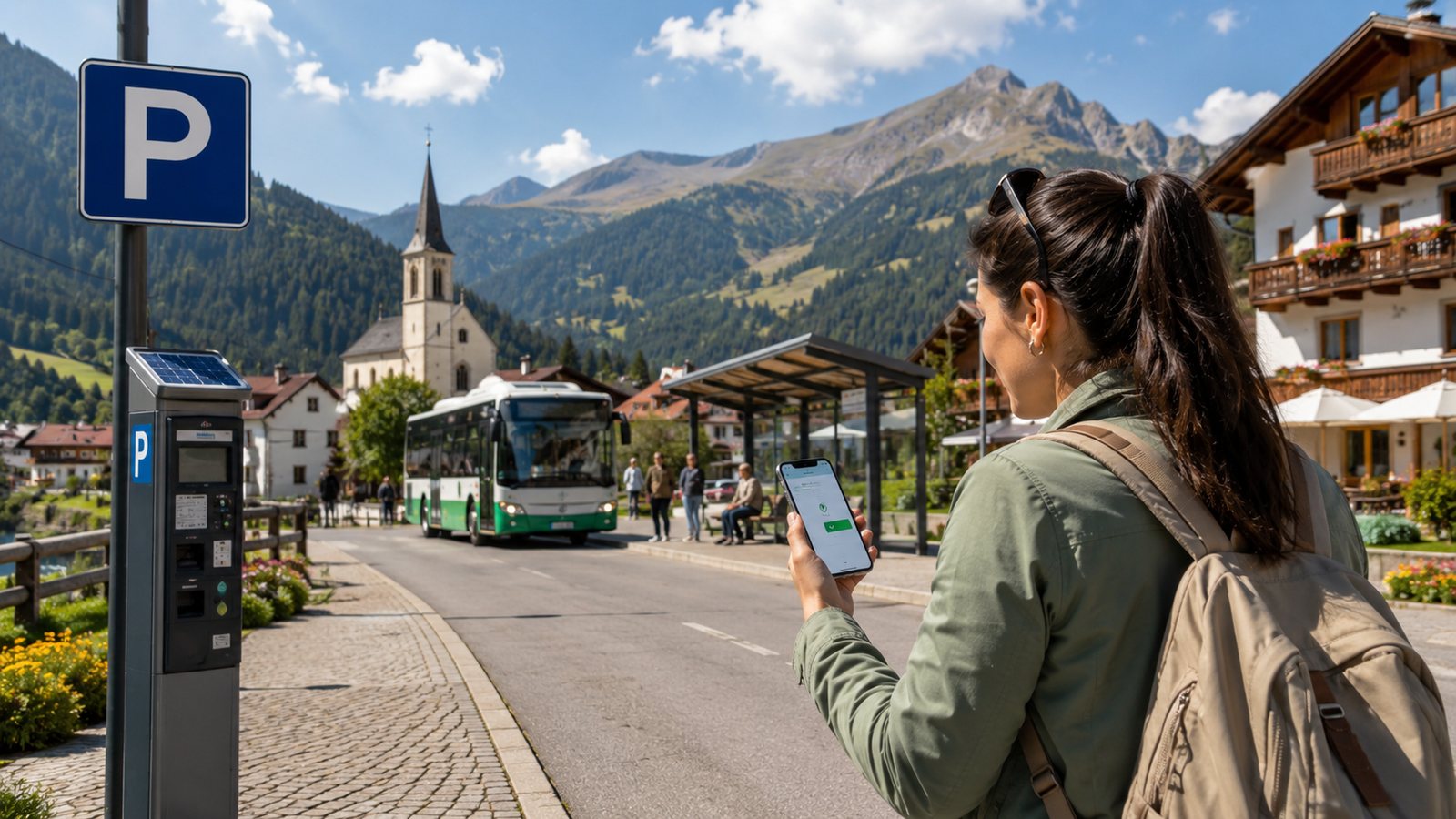 Immagine illustrativa di una turista con smartphone in un paese di montagna