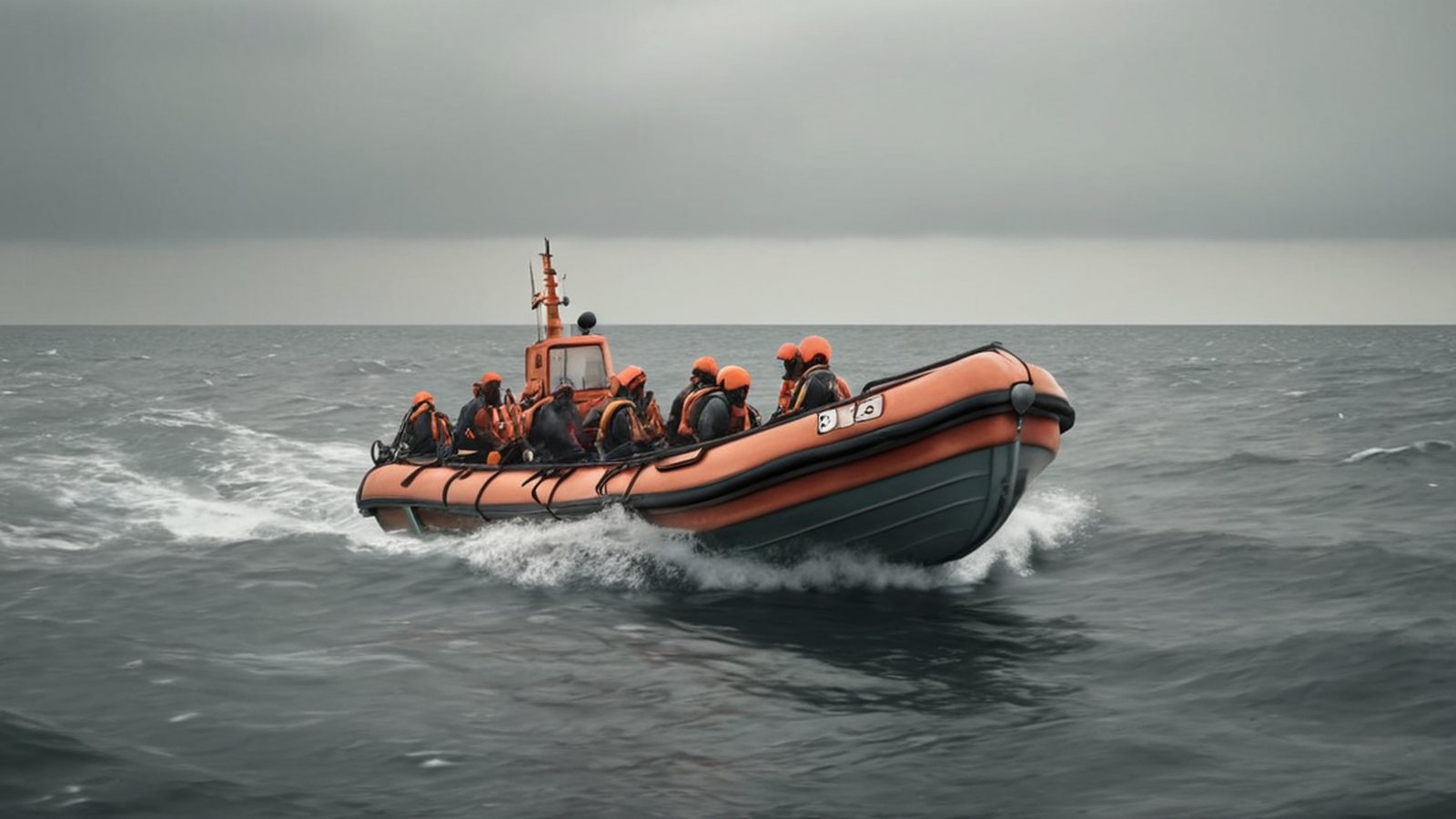 Una barca di salvataggio con migranti in mare aperto, vista dal lato, con lo sfondo di una costa europea indistinta all'orizzonte.