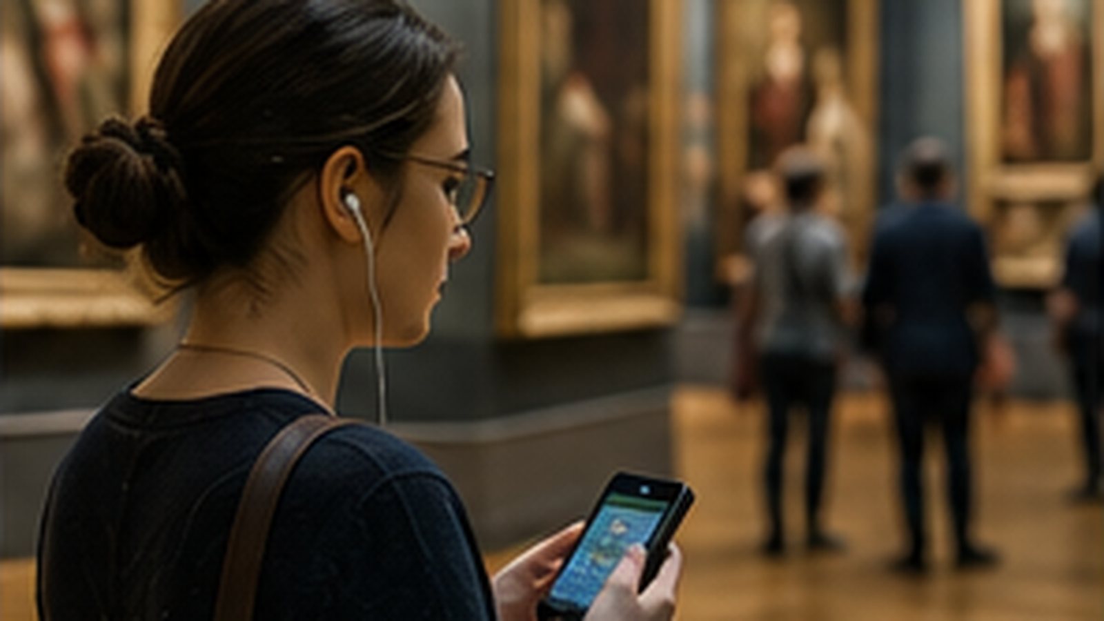 Visitatori in un museo davanti a un dipinto
