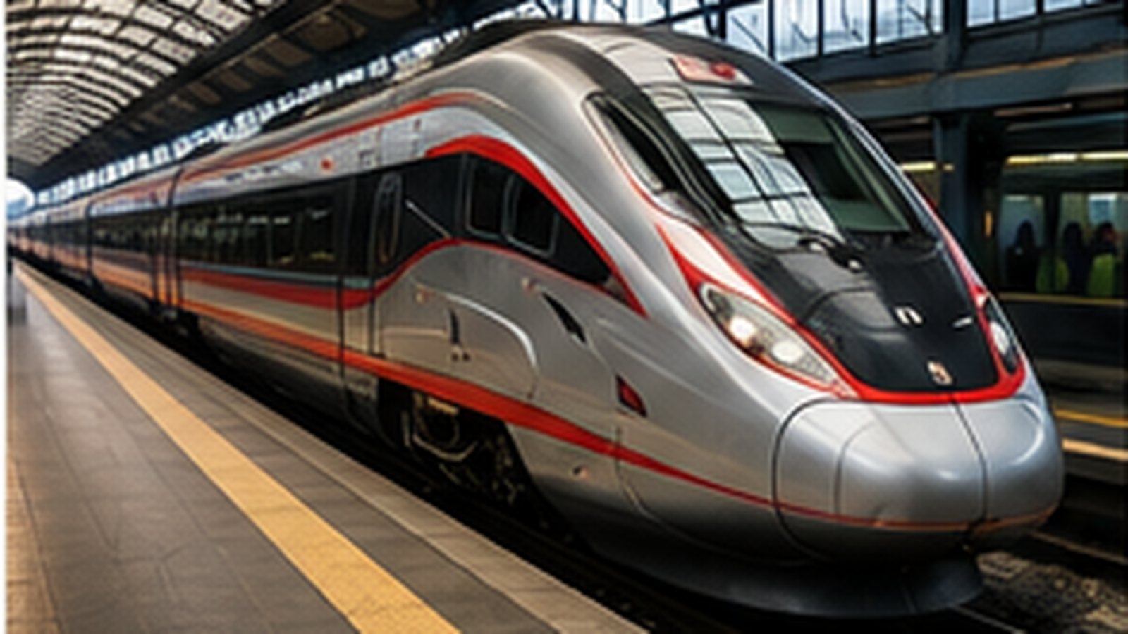 Treno moderno in arrivo a un terminal aeroportuale