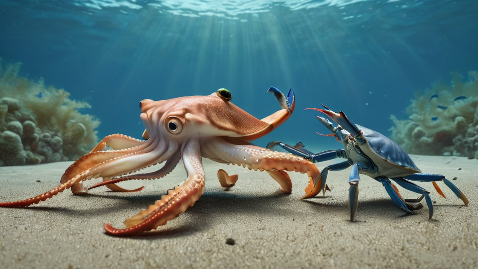 Illustrazione di un polpo che si confronta con un granchio blu in un ambiente marino stilizzato