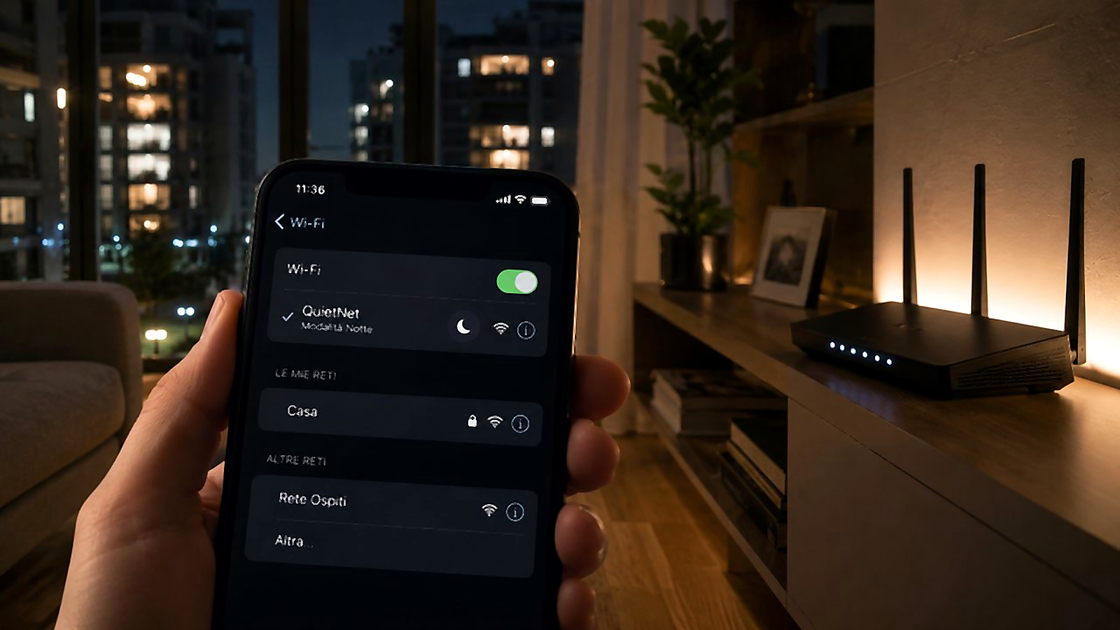 Illustrazione sintetica di un router Wi‑Fi in modalità notturna