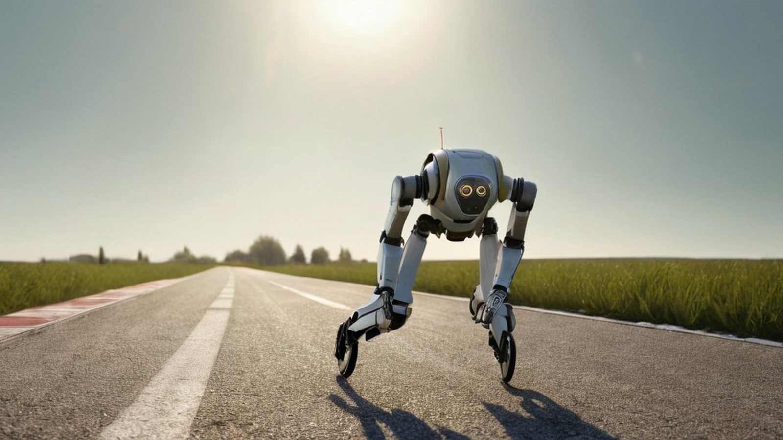 Un robot umanide bipede in corsa su una pista, con un'esplosione di detriti o una caduta rovinosa al momento dell'impatto.