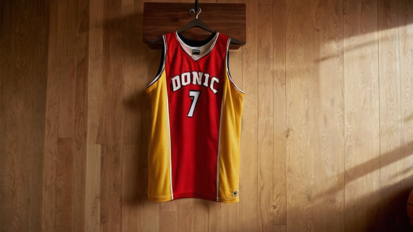Maglia da basket giallorossa con il numero 7 e il nome DONCIC, appesa su uno stendino in un ambiente sportivo moderno.