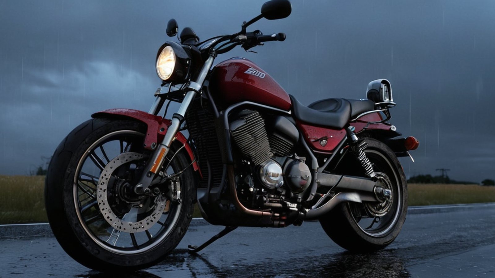 ZXMoto 820X parcheggiata su asfalto bagnato con fari accesi