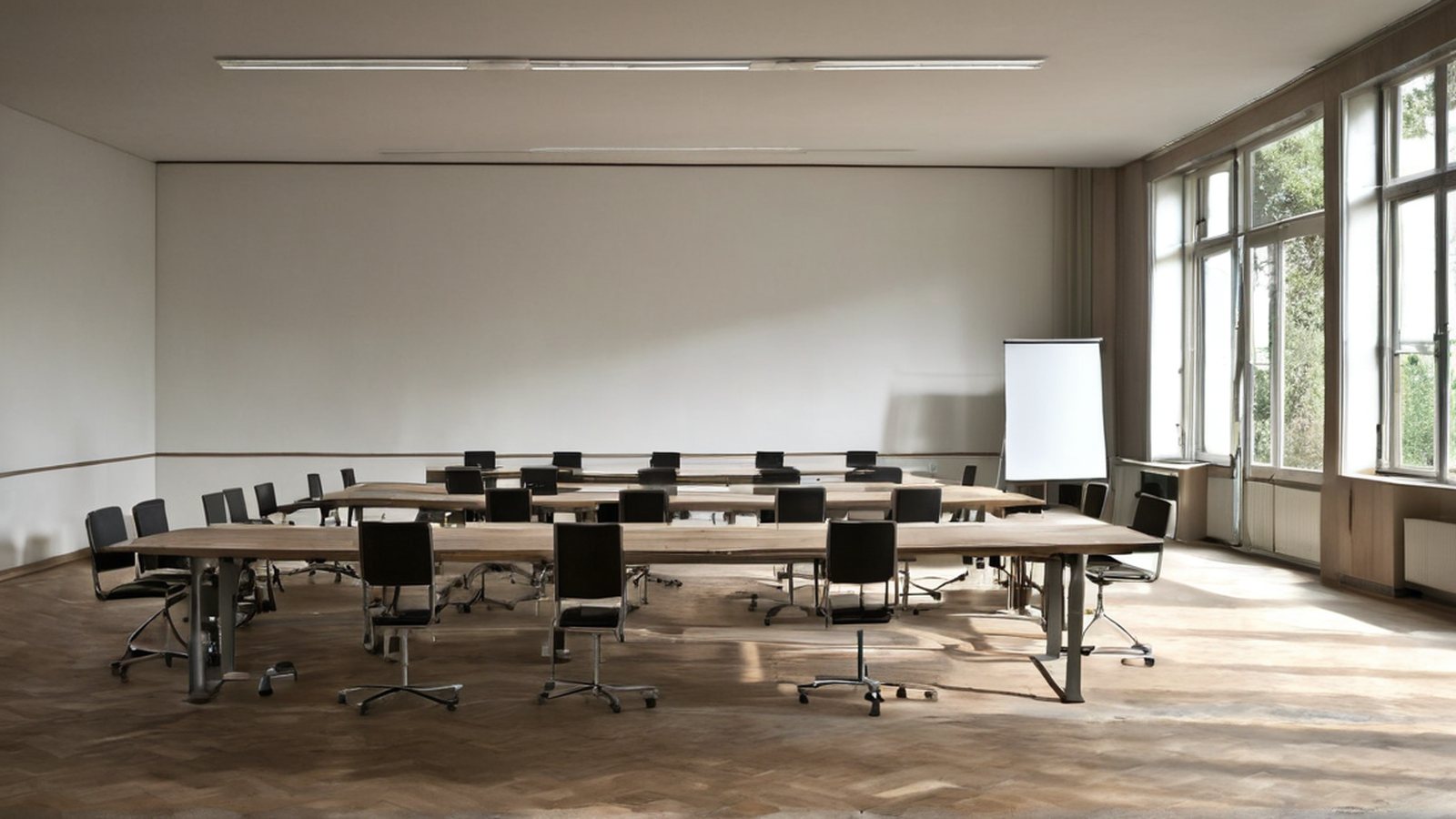 Sala conferenze con tavolo e sedie vuote, luce soffusa e atmosfera professionale