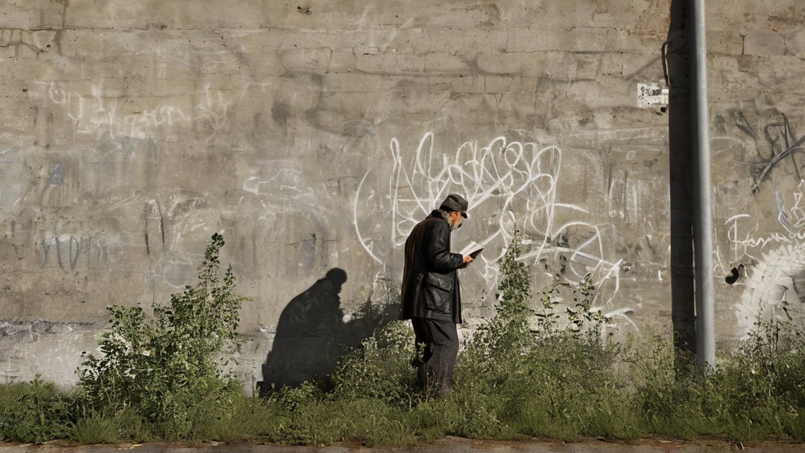 Una vecchia fabbrica con pareti graffite e artisti al lavoro